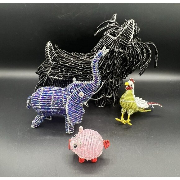 Beadworx By Grassroots Lot Of 4 Beaded Sculpture Dog Elephant Pig Rooster Farm - Picture 2 of 16